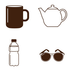 Vector illustration of a mug teapot bottle of water and sunglasses on white background