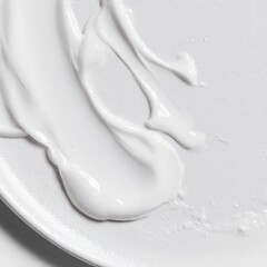 skincare texture smears macro, glossy serum, matte cream, clean white plate 