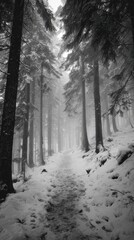 Obraz premium snowy forest path, minimal footsteps, fog depth, serene negative space