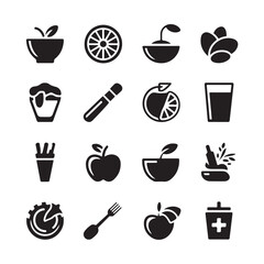 Collection of healthy food and drink icons, including fruits, vegetables, and beverages isolated on white background technology background