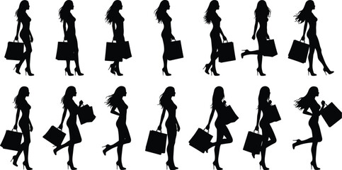 Silhouettes of fashionable women walking with shopping bags, stylish female shoppers in high heels, retail lifestyle concept, elegant women carrying purchases illustration