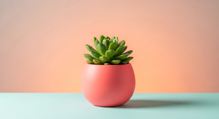 Succulent plant in a pink pot on a light blue surface against a peach colored background in a minimalist style
