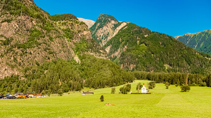 Alpine summer view with a chapel at Farchat, Umhausen, Imst, Oetztal valley, Tyrol, Austria