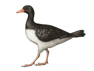 Illustration of an eurasian oystercatcher bird, isolated on transparent background, showcasing its black and white plumage and distinctive orange beak in a walking pose
