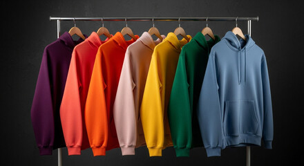 Row of colorful hoodies hanging on rack against black background, showcasing casual fashion and style for apparel design projects