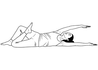 Woman in a Supine Spinal Twist with a quad stretch (Supta Matsyendrasana). A therapeutic yoga pose for back pain relief. Line art vector for relaxation.

