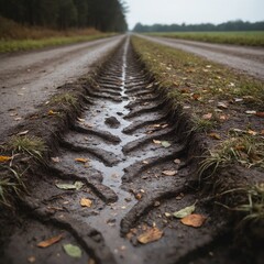 Tractor tire tracks on a muddy rural road surrounded by grass and autumn leaves