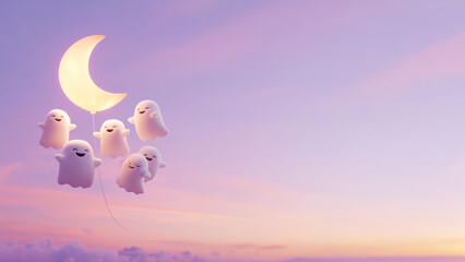 Adorable ghosts float with a crescent moon balloon against a dreamy sky, perfect for Halloween greetings and whimsical designs with a fun spooky vibe