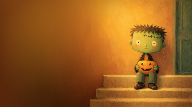 Charming Halloween Illustration: Little Frankenstein with Smiling Pumpkin Ready for Trick-or-Treating Fun, Perfect for Festive Holiday Designs