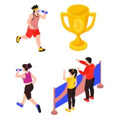 Athletes hydrating and celebrating victory with a trophy and spectators cheering at a sporting event