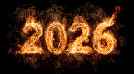 Flames create the year 2026 in a vibrant and dynamic display for celebration or countdown events