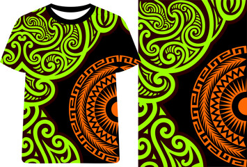 Tribal Style T-Shirt Print with Swirls and Circular Motif, Green Tribal Jersey dress vector, Polynesian, Samoan,  Island, ethnic, traditional cultural clothes fashion, sport fashion.