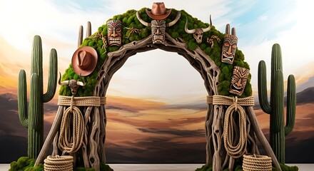 Decorative archway adorned with western and tiki elements set against a sunset