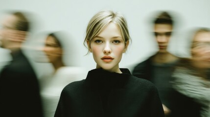 Obraz premium Woman stands confidently in the center of a busy crowd, blurred figures moving around her in a streamlined modern setting