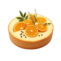Orange cheesecake decorated with slices and leaves, on a transparent background.