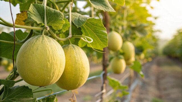 Closeup of fresh cantaloupe melons growing on vines in an organic greenhouse - Powered by Adobe