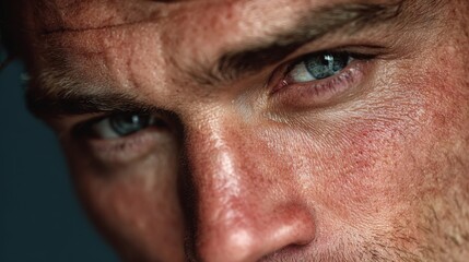 Fototapeta premium Close-up of a man's striking blue eye with detailed skin texture and facial features captured in soft lighting