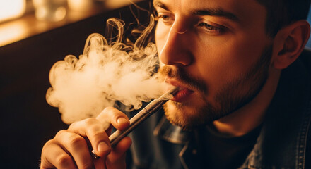 Fototapeta premium Man enjoying a vape with stylish e-cigarette and exhaling vapor in a moody, relaxing atmosphere, modern lifestyle