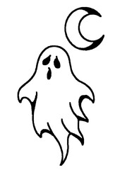 Spooky ghost and crescent moon, classic ink tattoo design