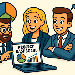 Team collaborating on project dashboard with data visualizations