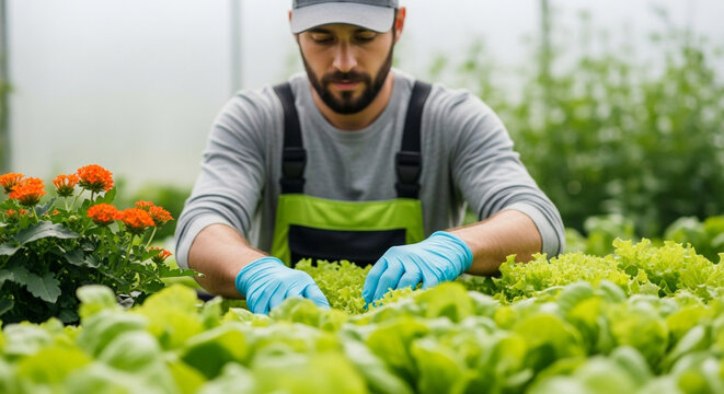 Focused farmer harvesting organic lettuce in greenhouse, carefully picking fresh leaves for sale at local market, agriculture