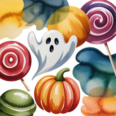 Watercolor Halloween Composition with Ghosts and Pumpkins | Festive Seasonal Art
