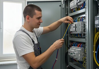 Fototapeta premium Professional electrician carefully working with wires in electrical panel, ensuring safety and reliability in modern building, showcasing technical expertise