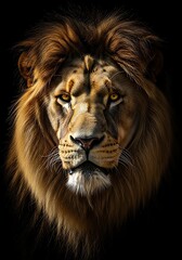 Naklejka premium Majestic lion portrait revealing golden eyes and warm fur tones against a stark black background