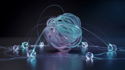 Abstract visualization of quantum computing processes. Superposition shown as translucent overlapping fluids, entanglement as connected glowing streams.