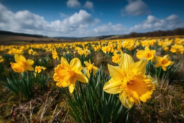 Fototapeta premium Bright daffodils bloom in a vibrant field under a blue sky with fluffy clouds during springtime in a picturesque rural landscape