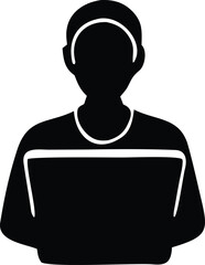 Silhouette of a person wearing headphones and holding a laptop computer with a minimalist modern design and professional appearance