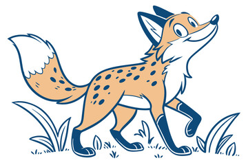 Cartoon Fox Walking Through Grass, Happy Expression, with Bold Outlines