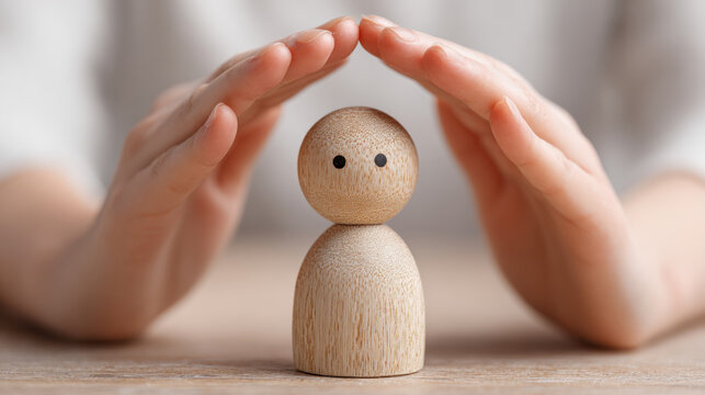  Insurance and Protection Concept with Hands Sheltering a Wooden Person Figure