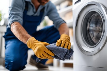 Male laundry service worker cleaning washing machine in blue uniform
