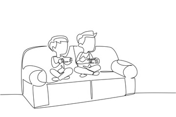 Continuous one line drawing two brothers boys sitting on the sofa and holding game joysticks. Have the same hobby. Playing console games. Day of Brother. Single line draw design vector illustration