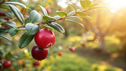 Closeup of ripe red cranberries hanging on a branch in the garden at sunset