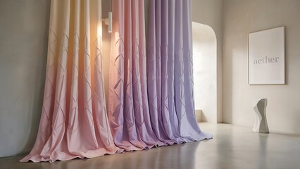Dual-layer blackout curtains with abstract watercolor outer layer and matte black inner lining, minimal folds, white background.