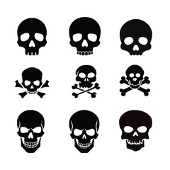 Collection of black skull illustrations on white background.