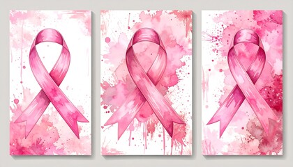 Watercolor pink ribbons on textured backgrounds