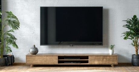Modern living room features wallmounted television above wooden console. Plants flank setup, adding natural elements. Minimalist design.