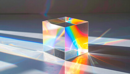 Vibrant rainbow light spectrum created by a clear glass cube prism refracting sunlight onto a textured surface, showcasing optical physics and scientific principles
