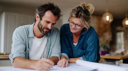Fototapeta premium Couple discussing plans together in a bright and cozy workspace