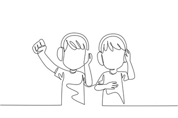 Continuous one line drawing two brothers wearing headphones and each holding his own. Enjoying first electronic gift. Entertainment media. Day of Brother. Single line draw design vector illustration