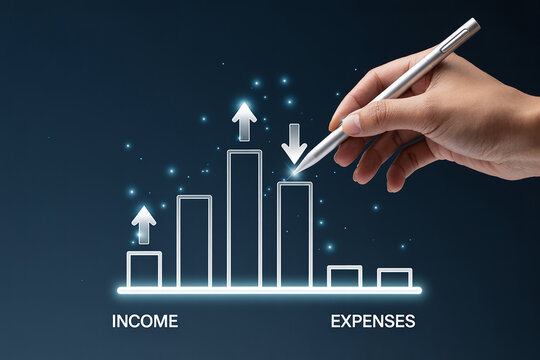 Hand drawing a financial graph showing income growth and expense decrease