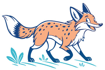 Cartoon Fox with Orange Fur, White Details, and Blue Outline on White Background