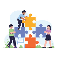 Teamwork concept showing people putting together jigsaw puzzle pieces collaboratively
