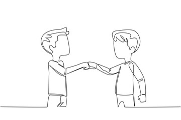 Single continuous line drawing two brothers clenching their fists and giving each other a fist bump. Form of celebration for the success achieved. Day of Brother. One line design vector illustration