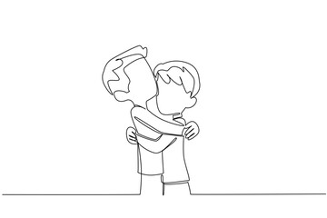 Single one line drawing two brothers hugging each other. Bonding. Family like close friends who are very close.. The happiness of siblings. Day of Brother. Continuous line design graphic illustration