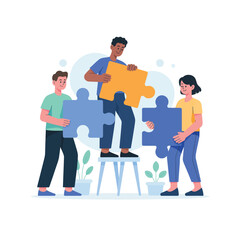 Teamwork harmony solving puzzle with diverse people for business success concept