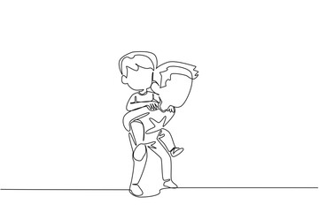 Continuous one line drawing older brother carrying younger brother on back. Having a child who can work together. Fun. Bonding. Happiness. Day of Brother. Single line draw design vector illustration